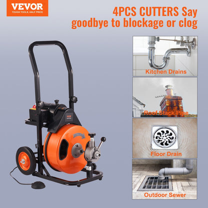 Electric Drain Auger with Auto Feed, 30m x 9.5mm for Indoor/Outdoor Use