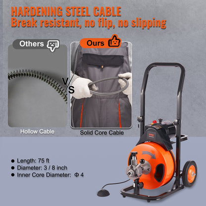 Electric Drain Auger with Automatic Feed, 23m x 9.5mm, for Indoor/Outdoor Use