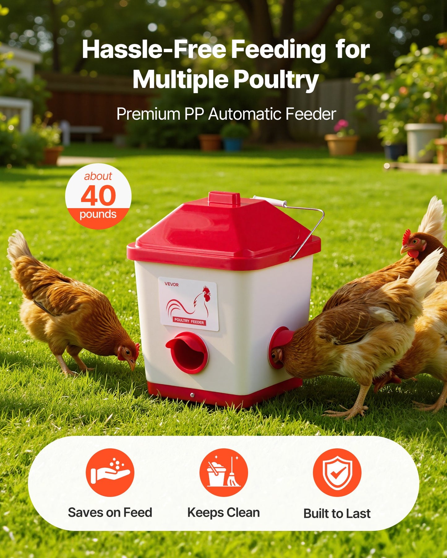 Automatic Chicken Feeder, 18.14 kg Capacity, Large Gravity Hanging Poultry Feeder Dispenser with Handle, No Waste Rainproof Design, 3 Feeding Ports, Inside or Outside Hen Coop, for Chickens