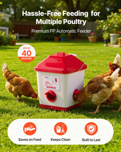 Automatic Chicken Feeder, 18.14 kg Capacity, Large Gravity Hanging Poultry Feeder Dispenser with Handle, No Waste Rainproof Design, 3 Feeding Ports, Inside or Outside Hen Coop, for Chickens
