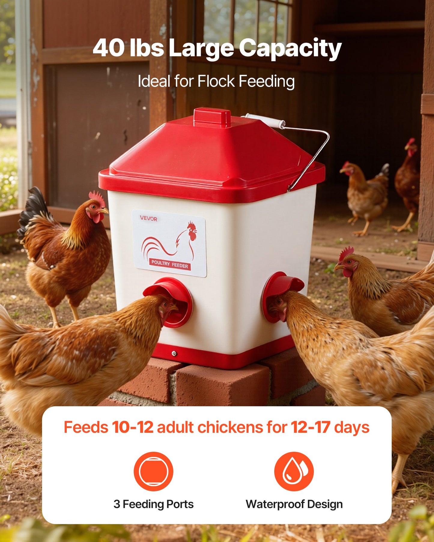 Automatic Chicken Feeder, 18.14 kg Capacity, Large Gravity Hanging Poultry Feeder Dispenser with Handle, No Waste Rainproof Design, 3 Feeding Ports, Inside or Outside Hen Coop, for Chickens