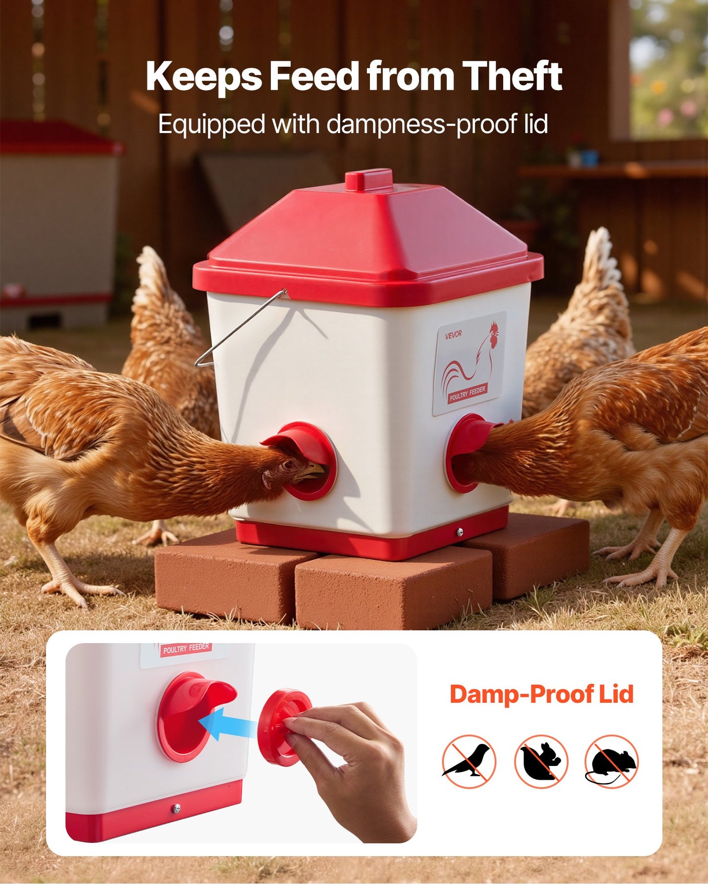 Automatic Chicken Feeder, 18.14 kg Capacity, Large Gravity Hanging Poultry Feeder Dispenser with Handle, No Waste Rainproof Design, 3 Feeding Ports, Inside or Outside Hen Coop, for Chickens