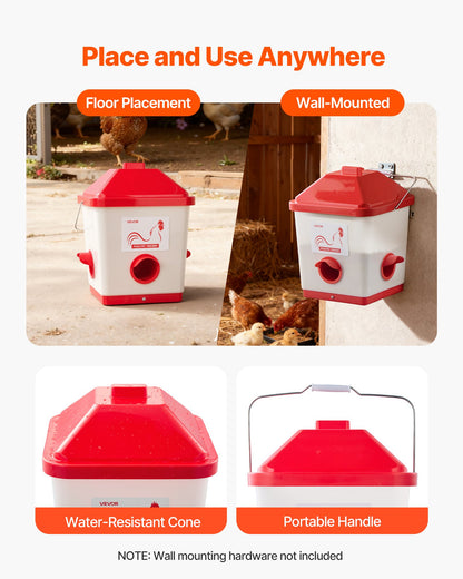 Automatic Chicken Feeder, 18.14 kg Capacity, Large Gravity Hanging Poultry Feeder Dispenser with Handle, No Waste Rainproof Design, 3 Feeding Ports, Inside or Outside Hen Coop, for Chickens