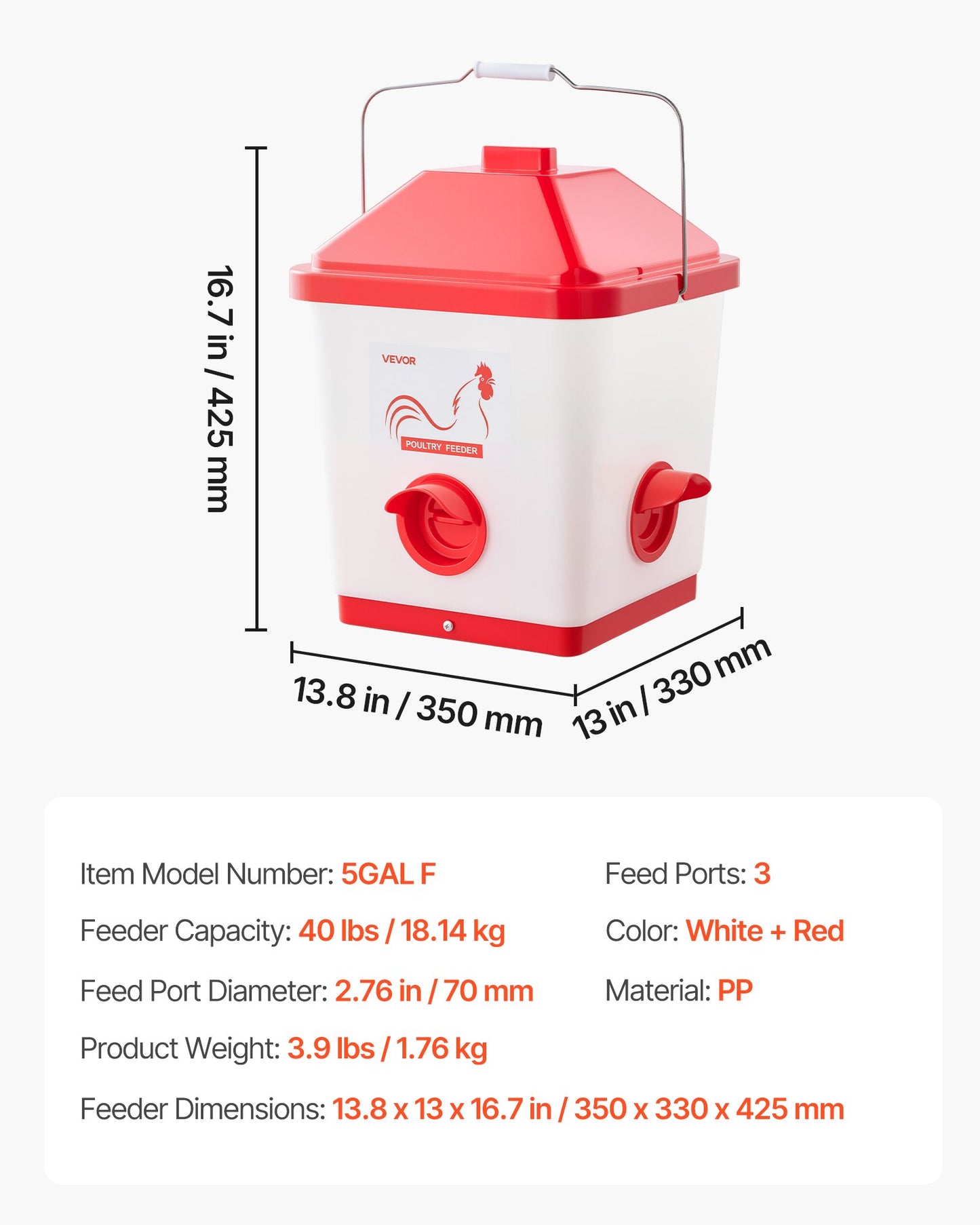 Automatic Chicken Feeder, 18.14 kg Capacity, Large Gravity Hanging Poultry Feeder Dispenser with Handle, No Waste Rainproof Design, 3 Feeding Ports, Inside or Outside Hen Coop, for Chickens