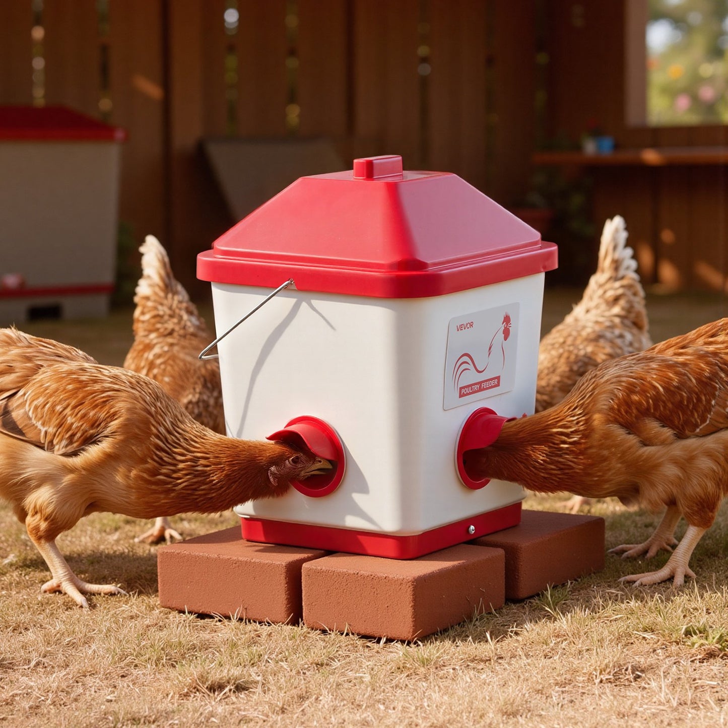 Automatic Chicken Feeder, 18.14 kg Capacity, Large Gravity Hanging Poultry Feeder Dispenser with Handle, No Waste Rainproof Design, 3 Feeding Ports, Inside or Outside Hen Coop, for Chickens