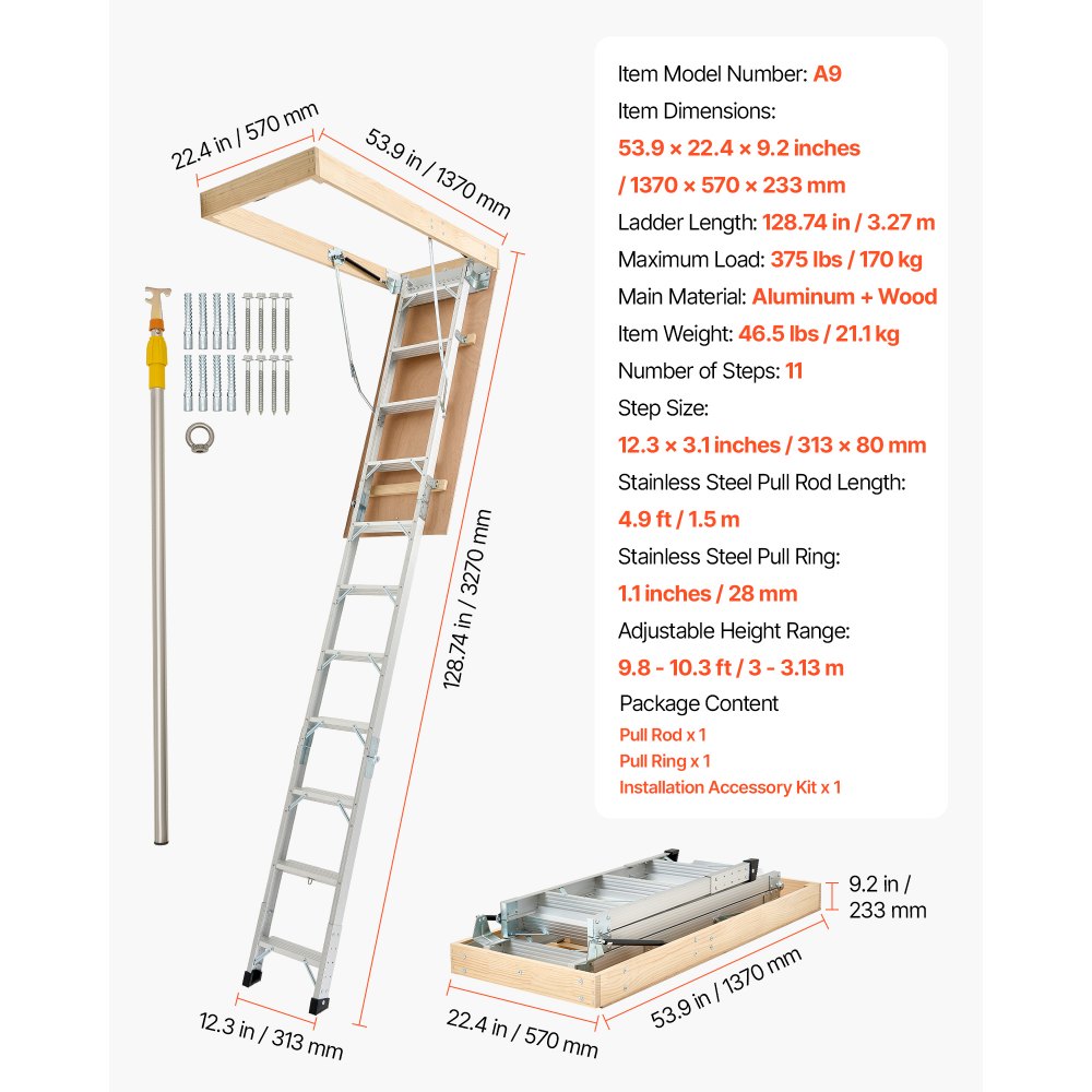 VEVOR Attic Ladder 375LBS / 170KG Capacity for 7.66 to 10.25 ft Ceiling Aluminum