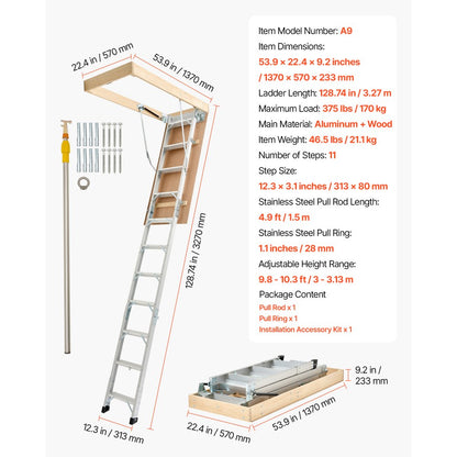 VEVOR Attic Ladder 375LBS / 170KG Capacity for 7.66 to 10.25 ft Ceiling Aluminum