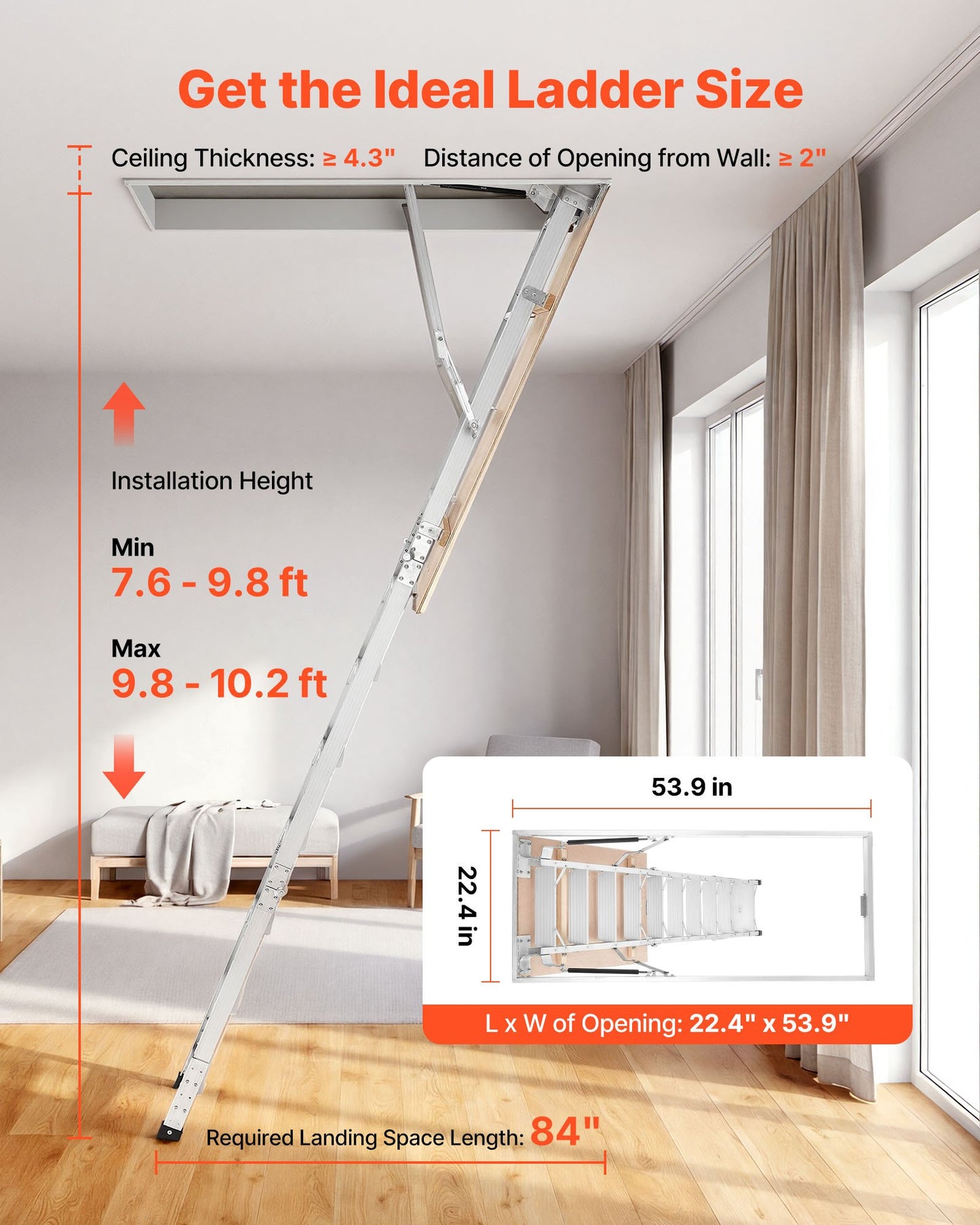 Aluminum Attic Ladder, Fits 299-314 cm/233.5-299 cm Ceiling Height, 1372 x 572 mm Opening, 170 kg Load Capacity, Multi-Purpose Foldable Lightweight & Portable Attic Stairs for Convenient Access