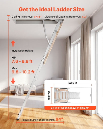 Aluminum Attic Ladder, Fits 299-314 cm/233.5-299 cm Ceiling Height, 1372 x 572 mm Opening, 170 kg Load Capacity, Multi-Purpose Foldable Lightweight & Portable Attic Stairs for Convenient Access