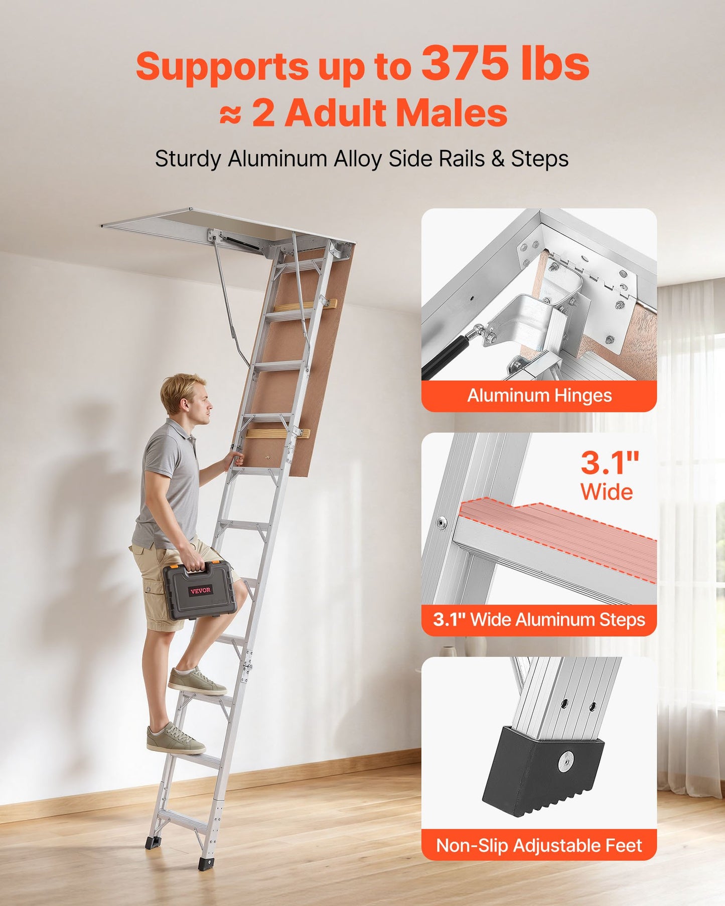 Aluminum Attic Ladder, Fits 299-314 cm/233.5-299 cm Ceiling Height, 1372 x 572 mm Opening, 170 kg Load Capacity, Multi-Purpose Foldable Lightweight & Portable Attic Stairs for Convenient Access