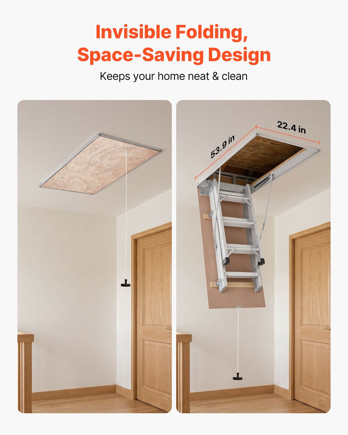 Aluminum Attic Ladder, Fits 299-314 cm/233.5-299 cm Ceiling Height, 1372 x 572 mm Opening, 170 kg Load Capacity, Multi-Purpose Foldable Lightweight & Portable Attic Stairs for Convenient Access