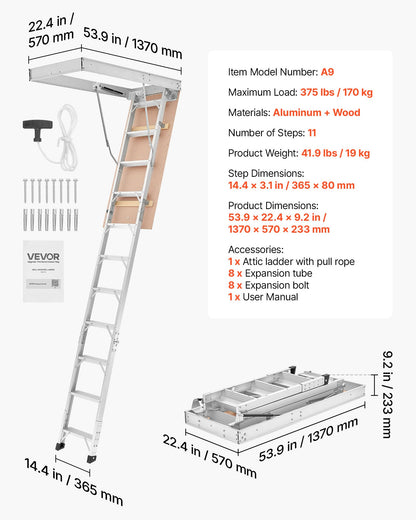 Aluminum Attic Ladder, Fits 299-314 cm/233.5-299 cm Ceiling Height, 1372 x 572 mm Opening, 170 kg Load Capacity, Multi-Purpose Foldable Lightweight & Portable Attic Stairs for Convenient Access