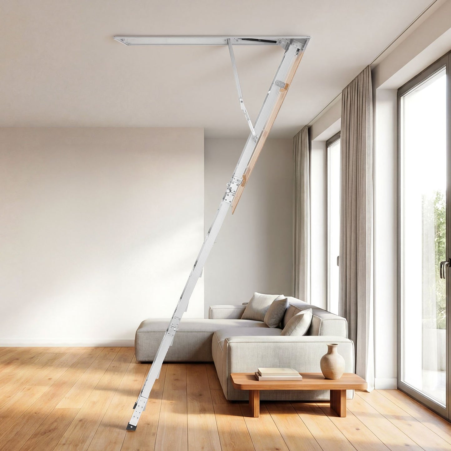 Aluminum Attic Ladder, Fits 299-314 cm/233.5-299 cm Ceiling Height, 1372 x 572 mm Opening, 170 kg Load Capacity, Multi-Purpose Foldable Lightweight & Portable Attic Stairs for Convenient Access