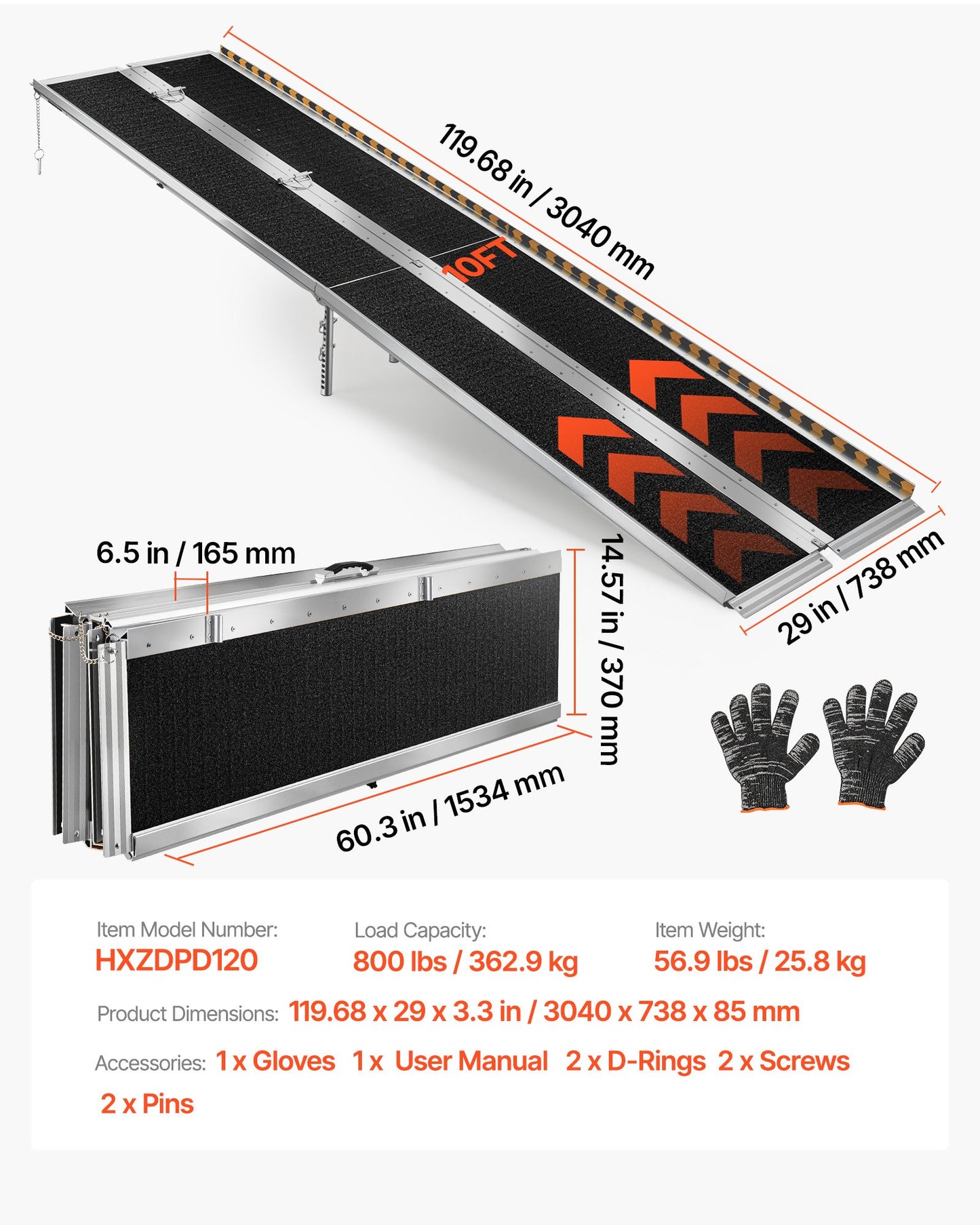 Portable Wheelchair Ramp, 3045 mm, Non-Slip Aluminum Folding Handicap Ramp for Wheelchair, 800 lbs Capacity, Door Threshold Ramps for Home Steps, Stairs, Entry, Threshold, Doorways, Scooter