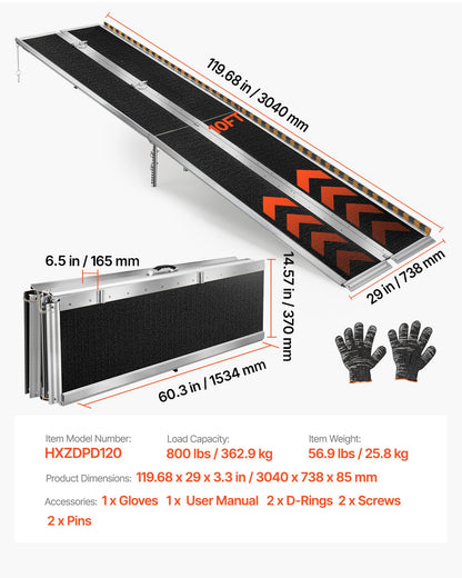 Portable Wheelchair Ramp, 3045 mm, Non-Slip Aluminum Folding Handicap Ramp for Wheelchair, 800 lbs Capacity, Door Threshold Ramps for Home Steps, Stairs, Entry, Threshold, Doorways, Scooter