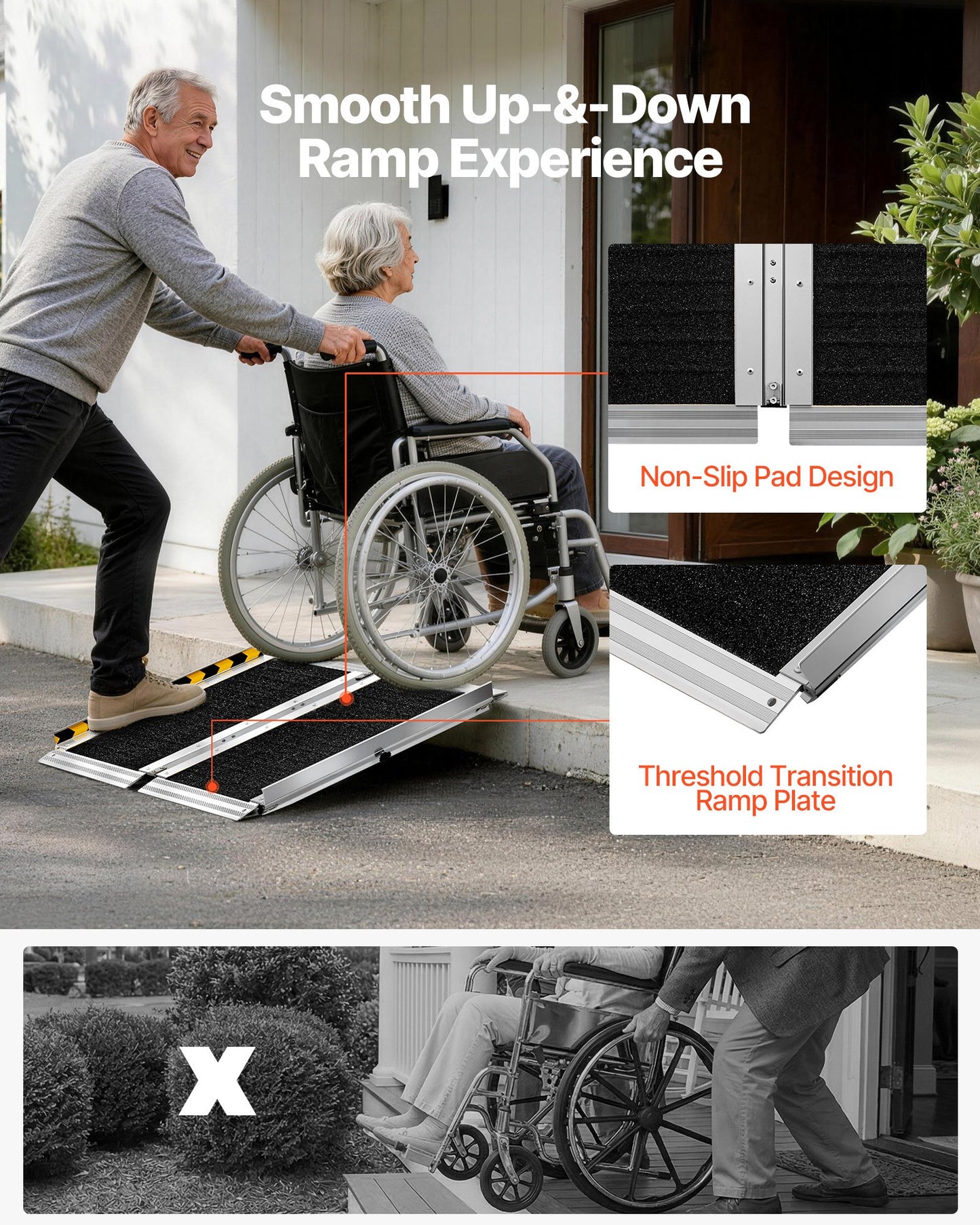 Portable Wheelchair Ramp, 610 mm, Non-Slip Aluminum Folding Handicap Ramp for Wheelchair, 800 lbs Capacity, Door Threshold Ramps for Home Steps, Stairs, Entry, Threshold, Doorways, Scooter, Curb