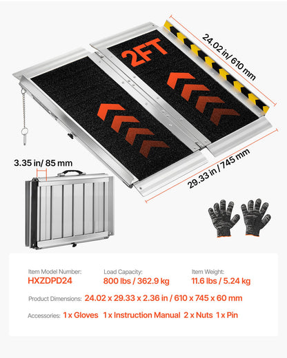 Portable Wheelchair Ramp, 610 mm, Non-Slip Aluminum Folding Handicap Ramp for Wheelchair, 800 lbs Capacity, Door Threshold Ramps for Home Steps, Stairs, Entry, Threshold, Doorways, Scooter, Curb