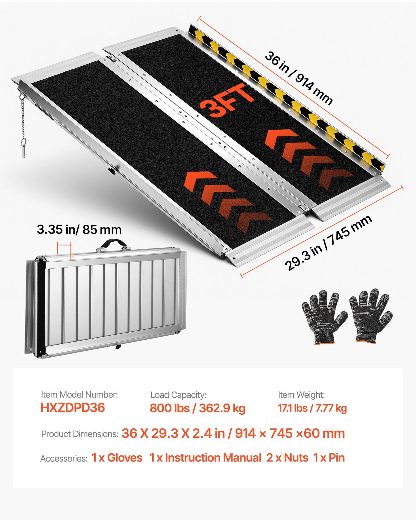 Portable Wheelchair Ramp, 915 mm, Non-Slip Aluminum Folding Handicap Ramp for Wheelchair, 800 lbs Capacity, Door Threshold Ramps for Home Steps, Stairs, Entry, Threshold, Doorways, Scooter, Curb