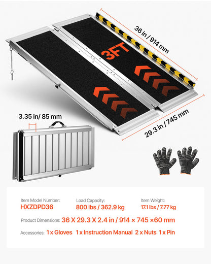 Portable Wheelchair Ramp, 915 mm, Non-Slip Aluminum Folding Handicap Ramp for Wheelchair, 800 lbs Capacity, Door Threshold Ramps for Home Steps, Stairs, Entry, Threshold, Doorways, Scooter, Curb