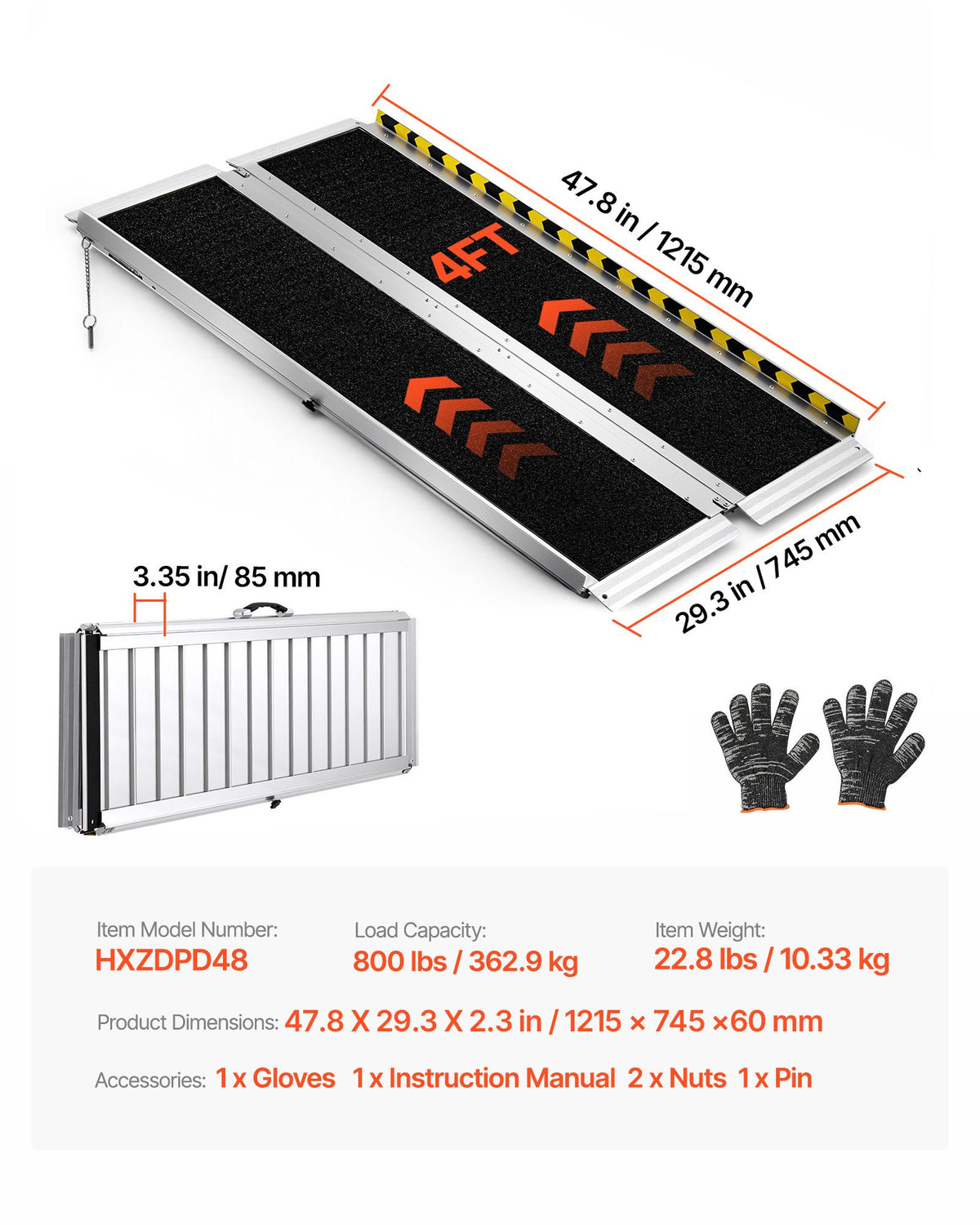 Portable Wheelchair Ramp, 1219.2 mm, Non-Slip Aluminum Folding Handicap Ramp for Wheelchair, 800 lbs Capacity, Door Threshold Ramps for Home Steps, Stairs, Entry, Threshold, Doorways, Scooter