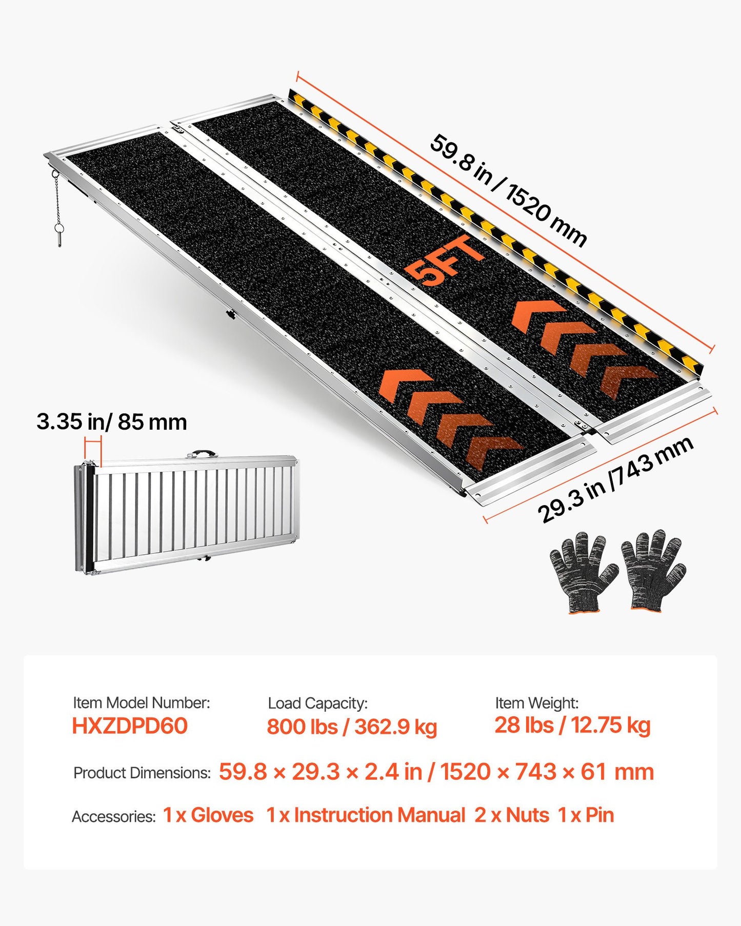 Portable Wheelchair Ramp, 1520 mm, Non-Slip Aluminum Folding Handicap Ramp for Wheelchair, 800 lbs Capacity, Door Threshold Ramps for Home Steps, Stairs, Entry, Threshold, Doorways, Scooter