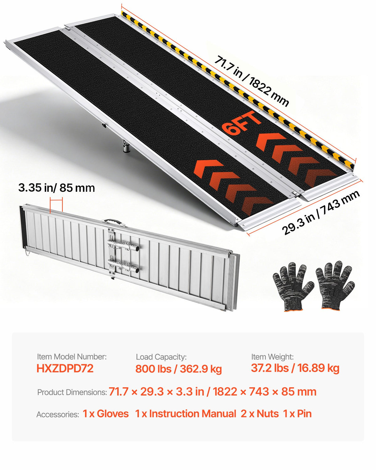 Portable Wheelchair Ramp, 1830 mm, Non-Slip Aluminum Folding Handicap Ramp for Wheelchair, 800 lbs Capacity, Door Threshold Ramps for Home Steps, Stairs, Entry, Threshold, Doorways, Scooter