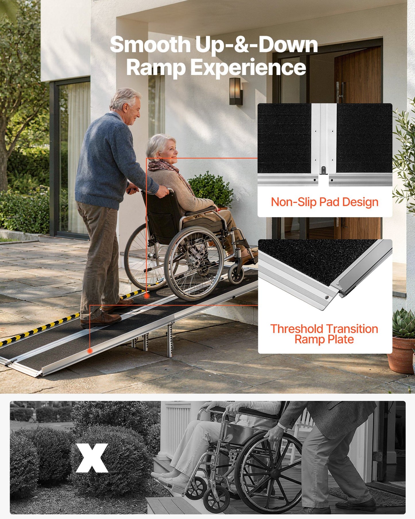 Portable Wheelchair Ramp, 2135 mm, Non-Slip Aluminum Folding Handicap Ramp for Wheelchair, 800 lbs Capacity, Door Threshold Ramps for Home Steps, Stairs, Entry, Threshold, Doorways, Scooter