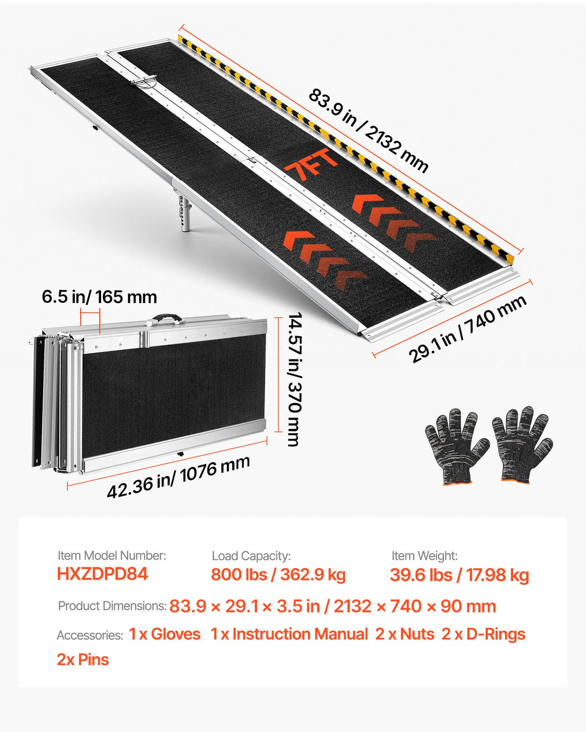 Portable Wheelchair Ramp, 2135 mm, Non-Slip Aluminum Folding Handicap Ramp for Wheelchair, 800 lbs Capacity, Door Threshold Ramps for Home Steps, Stairs, Entry, Threshold, Doorways, Scooter