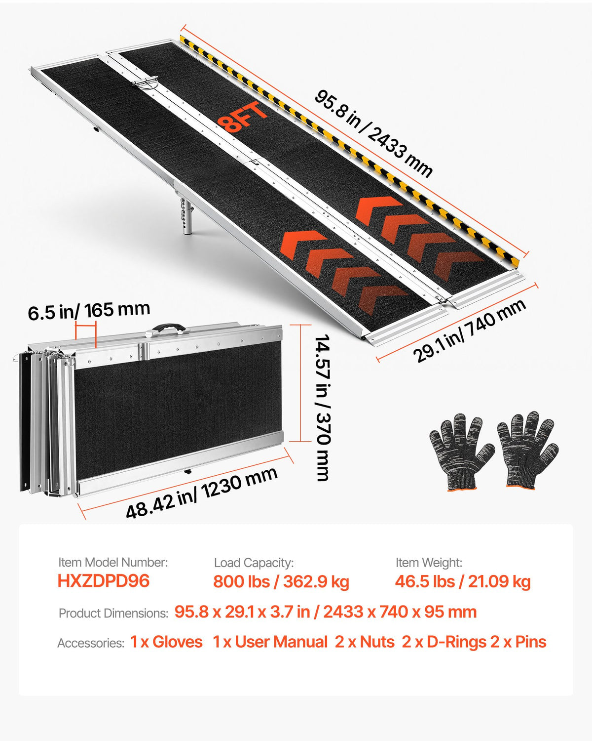 Portable Wheelchair Ramp, 2440 mm, Non-Slip Aluminum Folding Handicap Ramp for Wheelchair, 800 lbs Capacity, Door Threshold Ramps for Home Steps, Stairs, Entry, Threshold, Doorways, Scooter