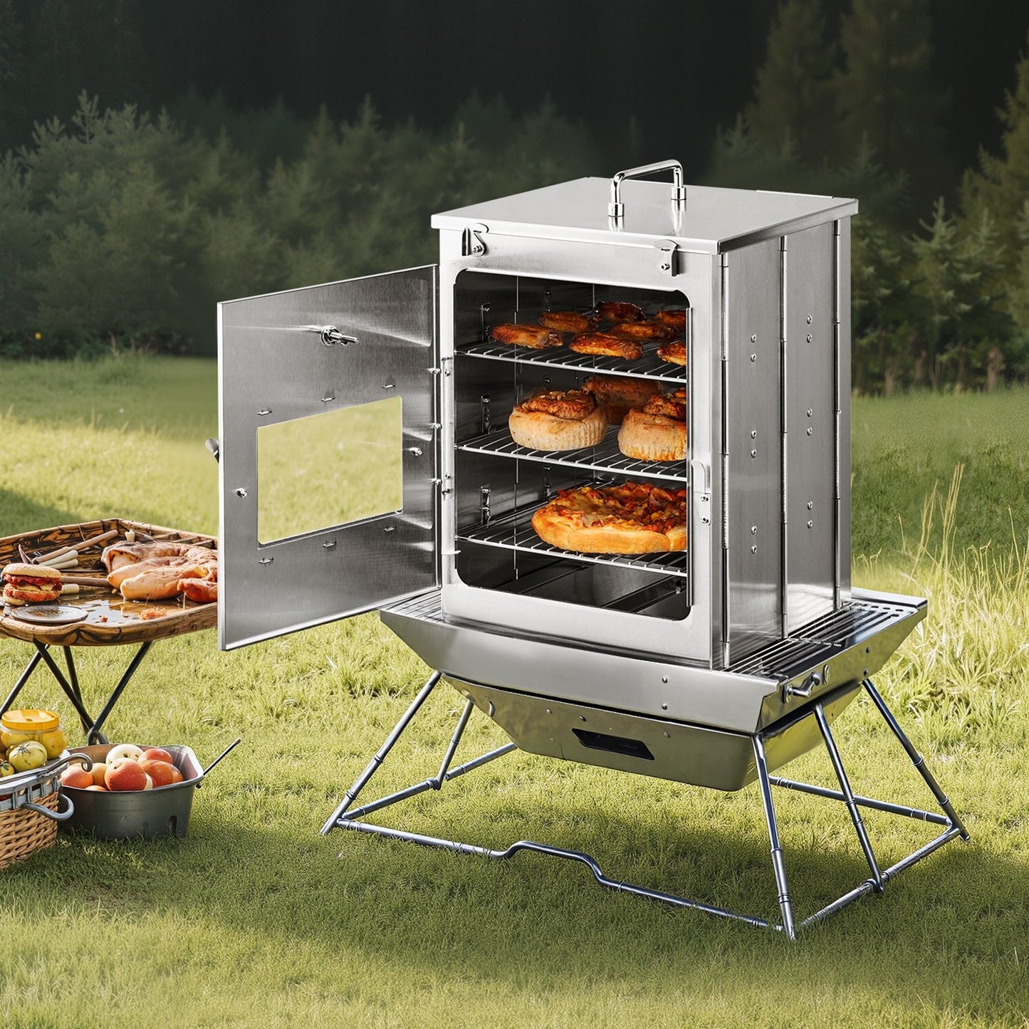 Foldable Camping Oven, Stainless Steel Portable Camping Stove, with 3 Tier Grill, Handle and Thermometer, Use with Wood Burning Fire, Propane Stoves, for Baking Bread, Pizza, Outdoor Cooking
