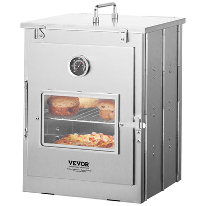 Foldable Camping Oven, Stainless Steel Portable Camping Stove, with 3 Tier Grill, Handle and Thermometer, Use with Wood Burning Fire, Propane Stoves, for Baking Bread, Pizza, Outdoor Cooking