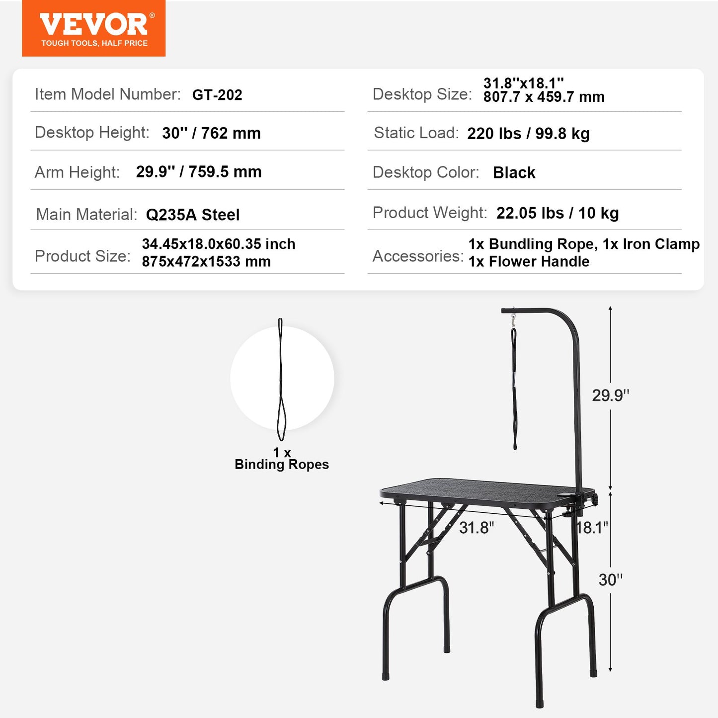 VEVOR Pet Grooming Table Arm with Clamp, 808 x 460 mm Dog Grooming Station, Foldable