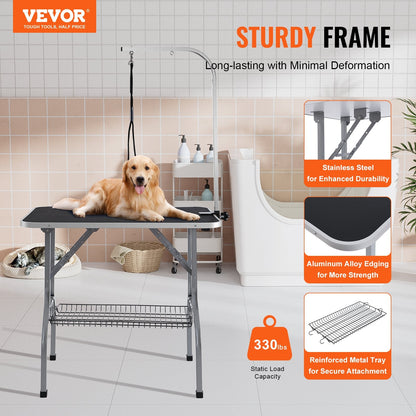 Foldable Dog Grooming Table with Adjustable Arm, 0.92x0.61m, Holds 149.7kg