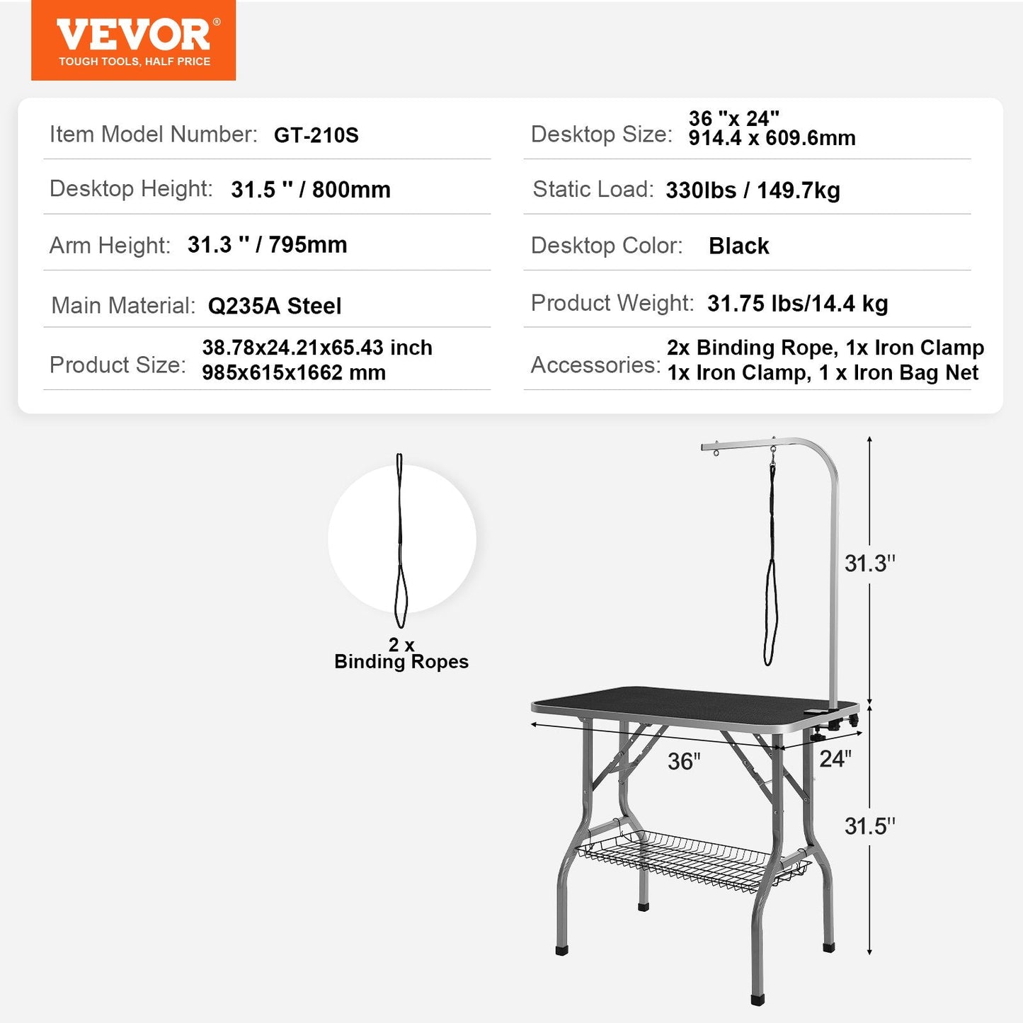 Foldable Dog Grooming Table with Adjustable Arm, 0.92x0.61m, Holds 149.7kg