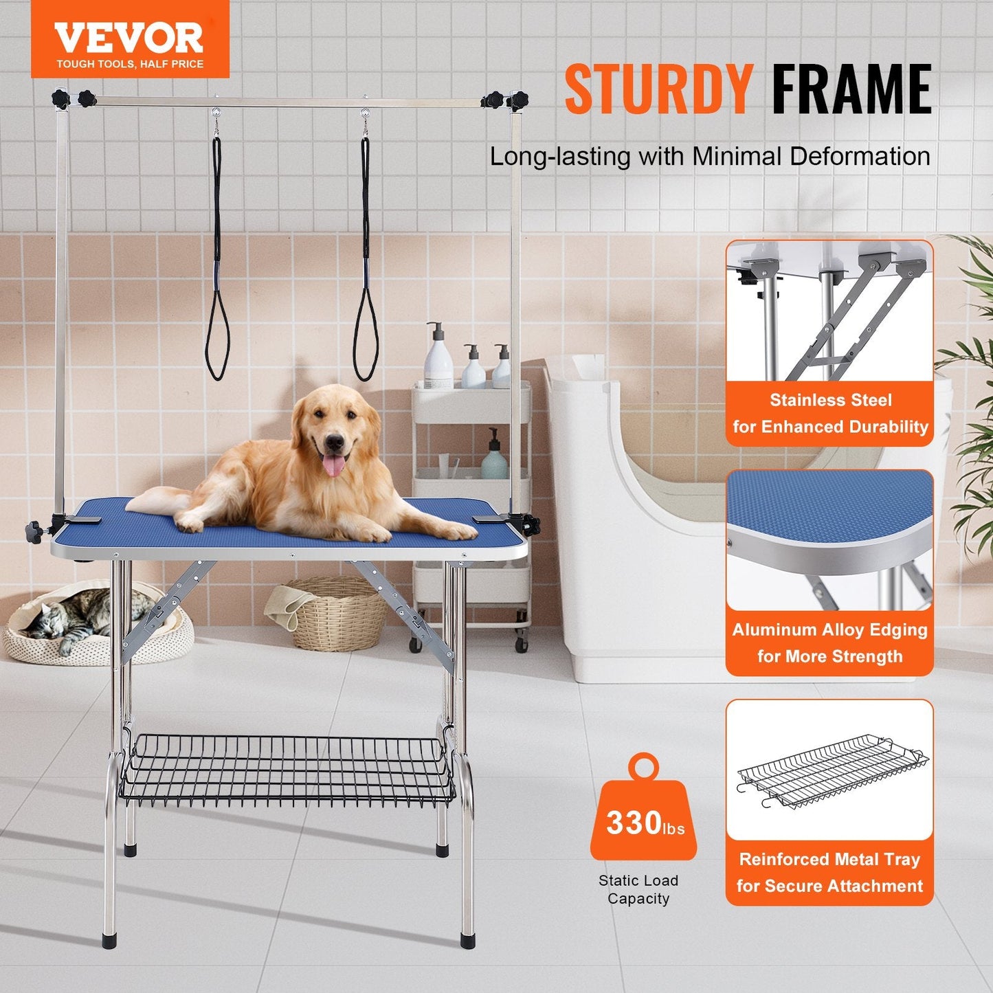 Foldable Pet Grooming Table with Adjustable Arms, 0.9 x 0.6m, 150kg Capacity