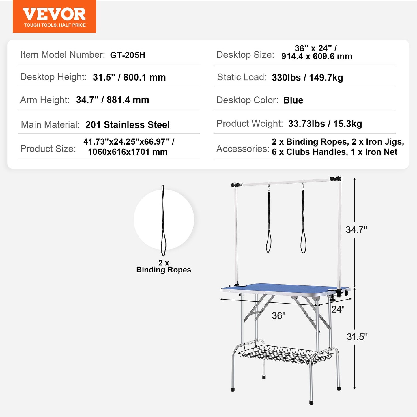 VEVOR Pet Grooming Table Two Arms with Clamp, 915 x 610mm Dog Grooming Station,