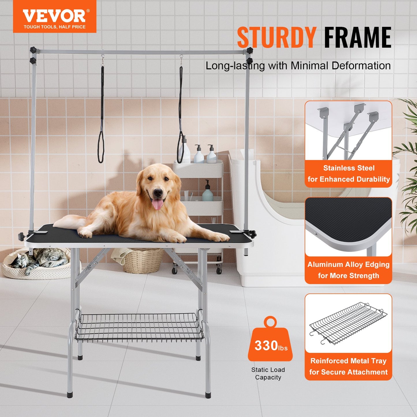 VEVOR Pet Grooming Table Two Arms with Clamp, 117cm Dog Grooming Station, Foldable