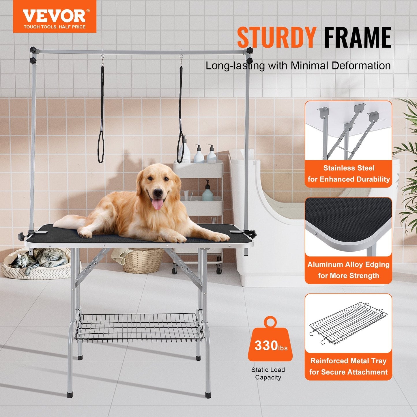 Foldable Pet Grooming Table with Dual Adjustable Arms, 117cm, Holds 150kg
