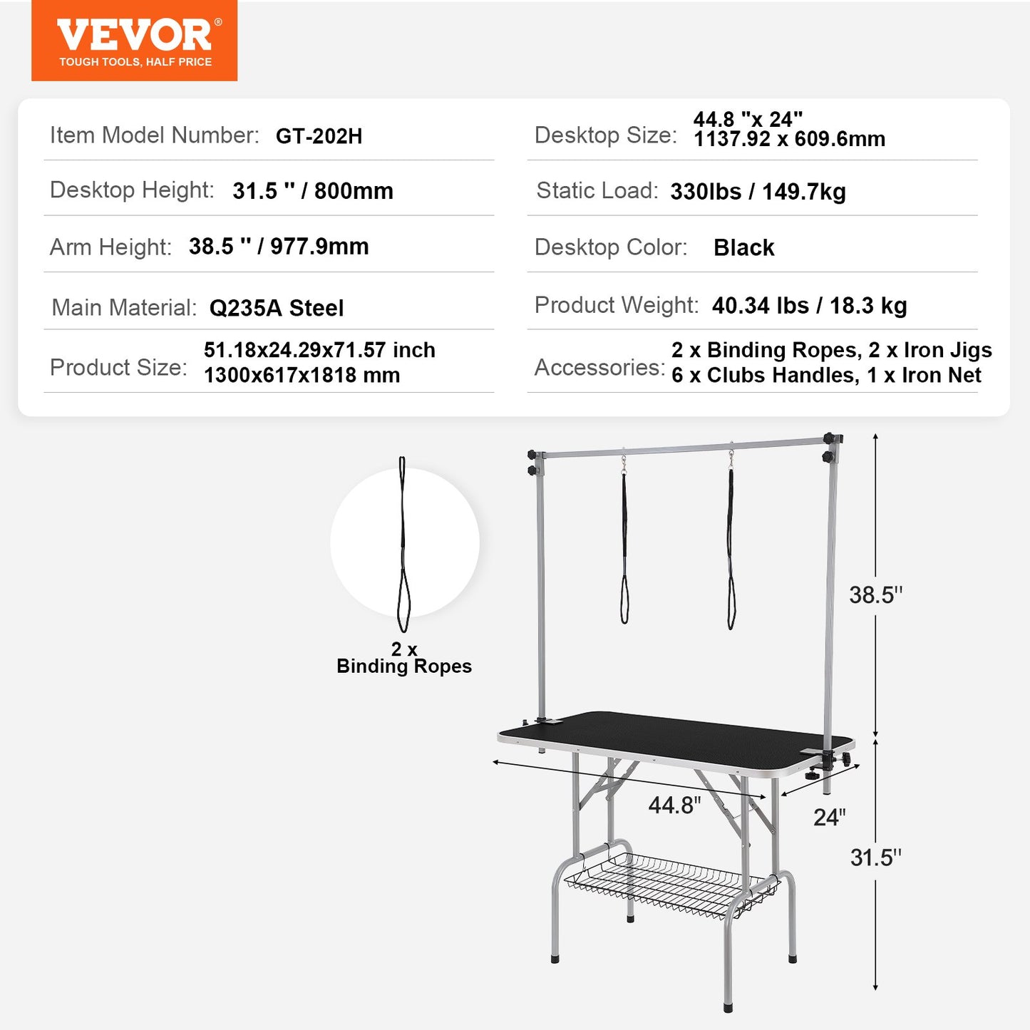 VEVOR Pet Grooming Table Two Arms with Clamp, 117cm Dog Grooming Station, Foldable