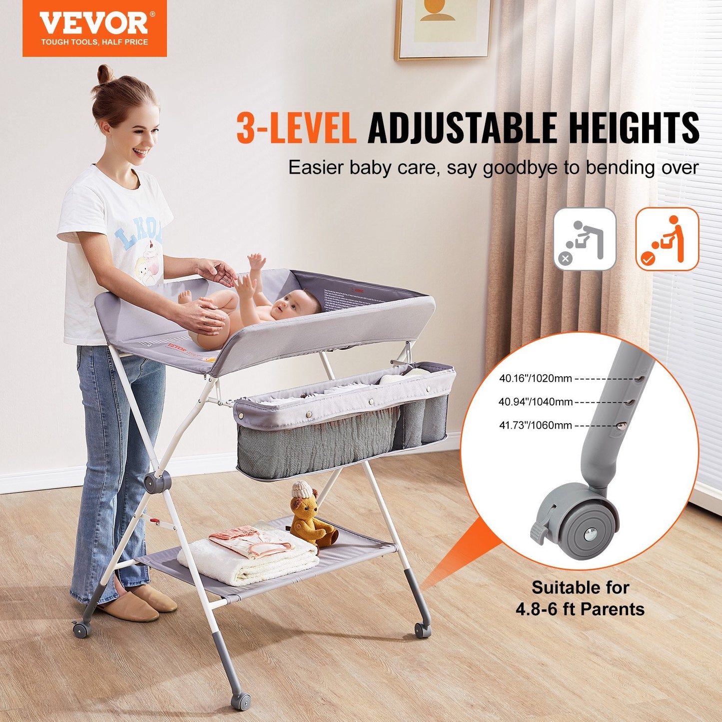 Folding Baby Changing Table with Adjustable Heights and Storage, 15 kg Capacity