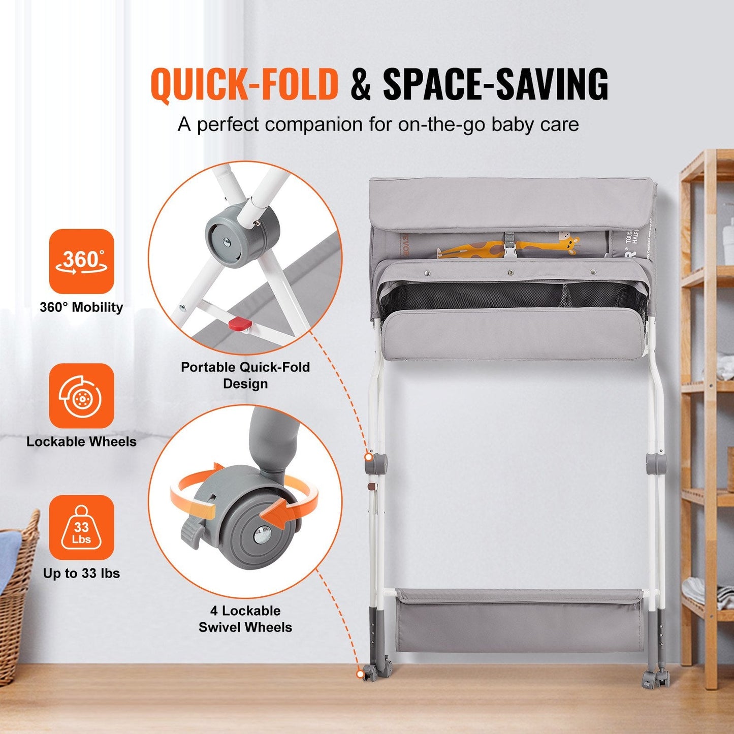 Folding Baby Changing Table with Adjustable Heights and Storage, 15 kg Capacity