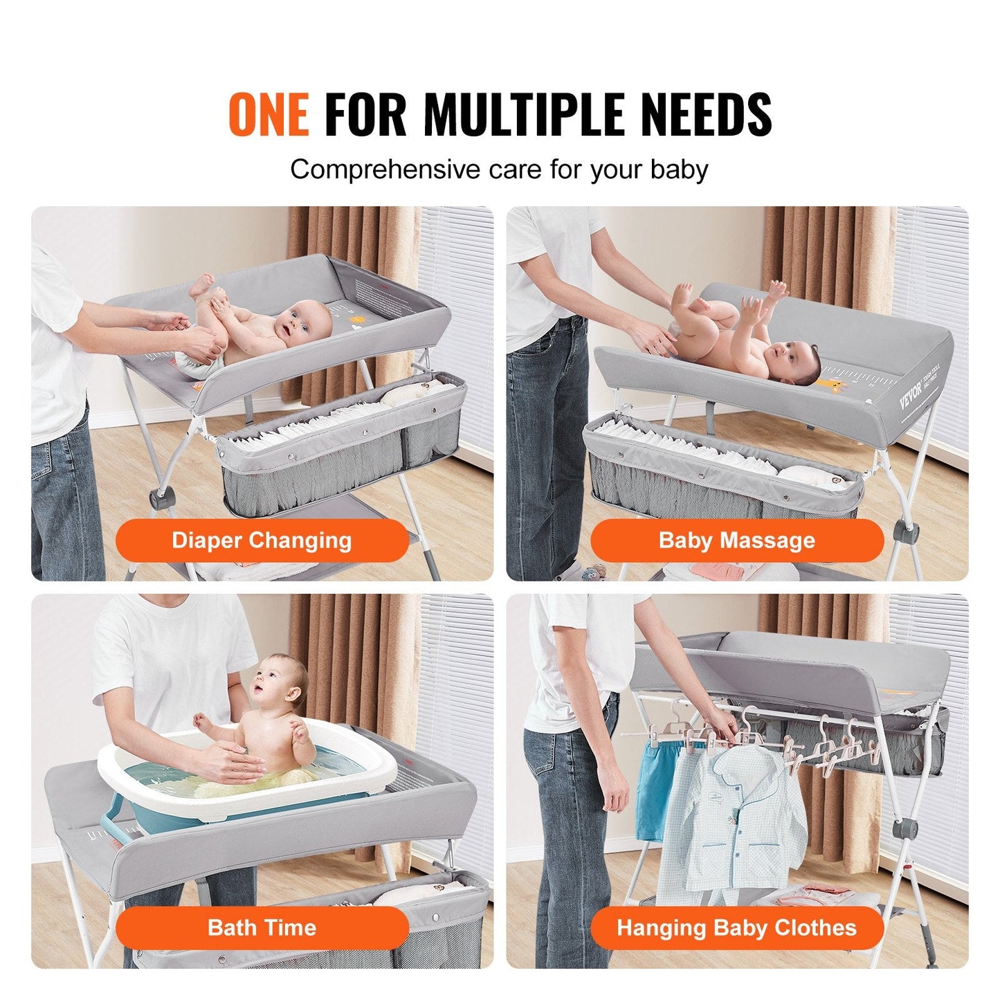 Folding Baby Changing Table with Adjustable Heights and Storage, 15 kg Capacity