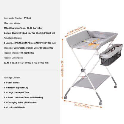 Folding Baby Changing Table with Adjustable Heights and Storage, 15 kg Capacity
