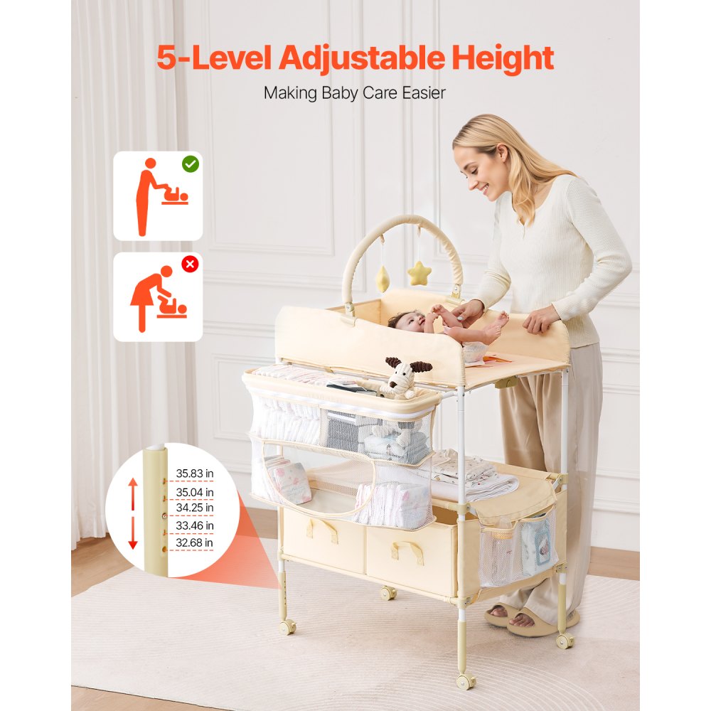 VEVOR Foldable Baby Changing Diaper Station with Side Basket & Hanging Rod Beige