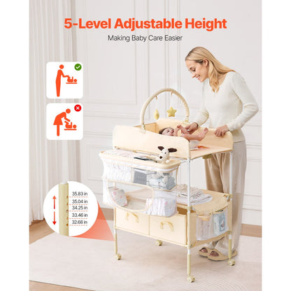 VEVOR Foldable Baby Changing Diaper Station with Side Basket & Hanging Rod Beige