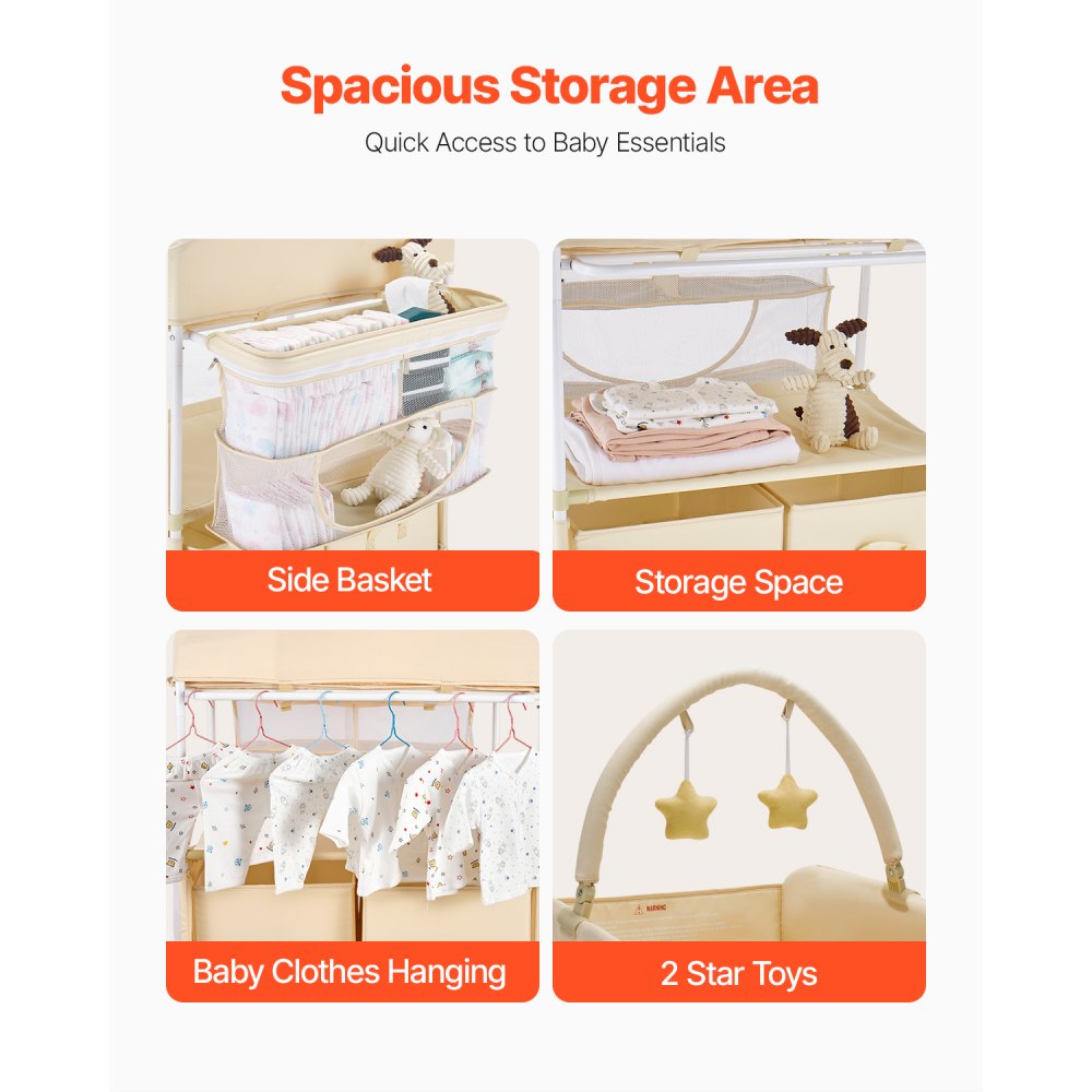 VEVOR Foldable Baby Changing Diaper Station with Side Basket & Hanging Rod Beige