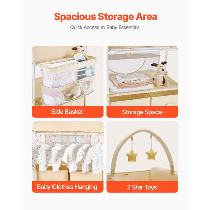 VEVOR Foldable Baby Changing Diaper Station with Side Basket & Hanging Rod Beige