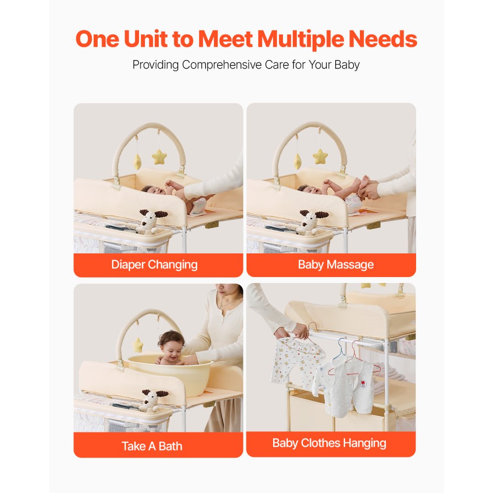 VEVOR Foldable Baby Changing Diaper Station with Side Basket & Hanging Rod Beige