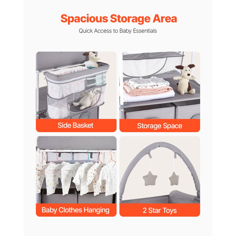 VEVOR Foldable Baby Changing Diaper Station with Side Basket & Hanging Rod Gray