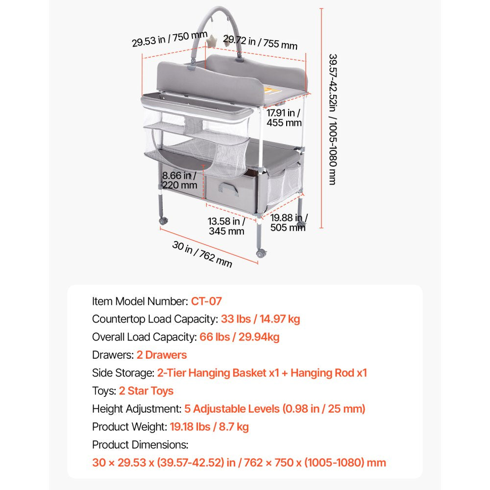 VEVOR Foldable Baby Changing Diaper Station with Side Basket & Hanging Rod Gray